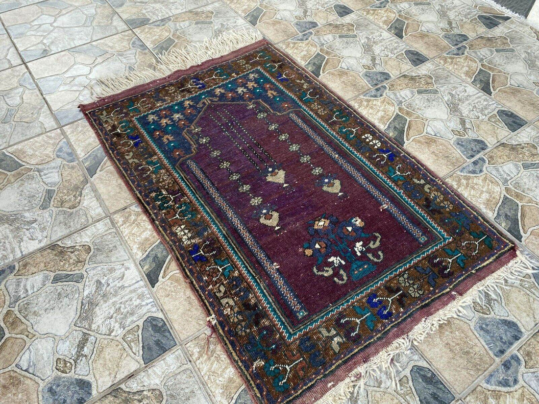 Vintage Turkish Handmade Wool Prayer Rug | Geometric Anatolian Oushak Carpet 2x4