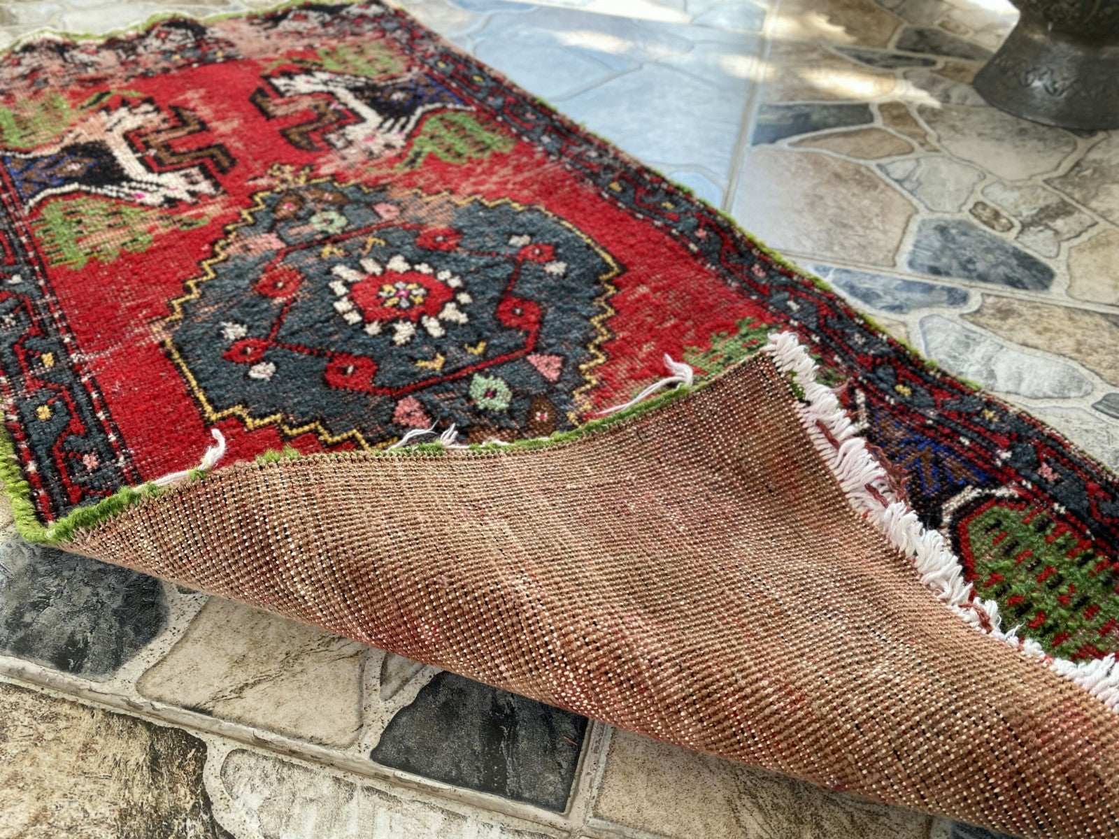 Vintage Turkish Small Rug | 1.6 x 3.3 ft Hand-Knotted Wool | Red Geometric Mat
