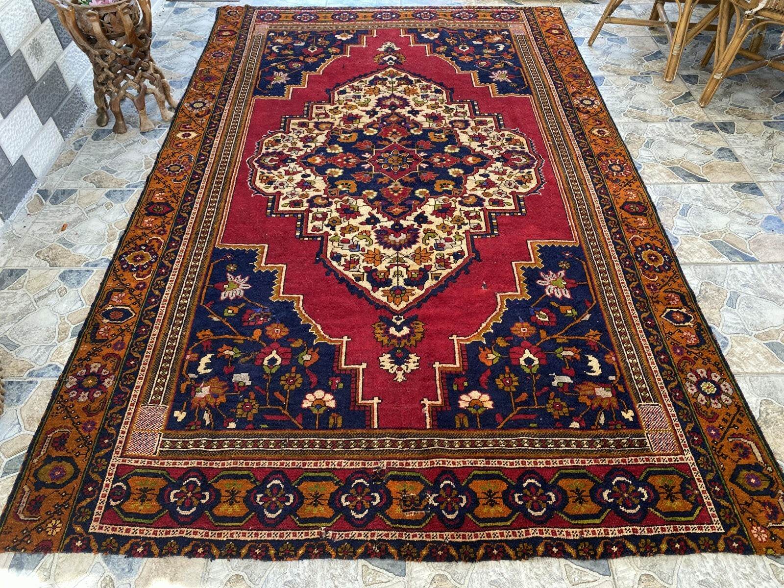 Handmade Turkish Vintage Rug 6x10 1970s Tribal Wool Farmhouse Antique Large Area