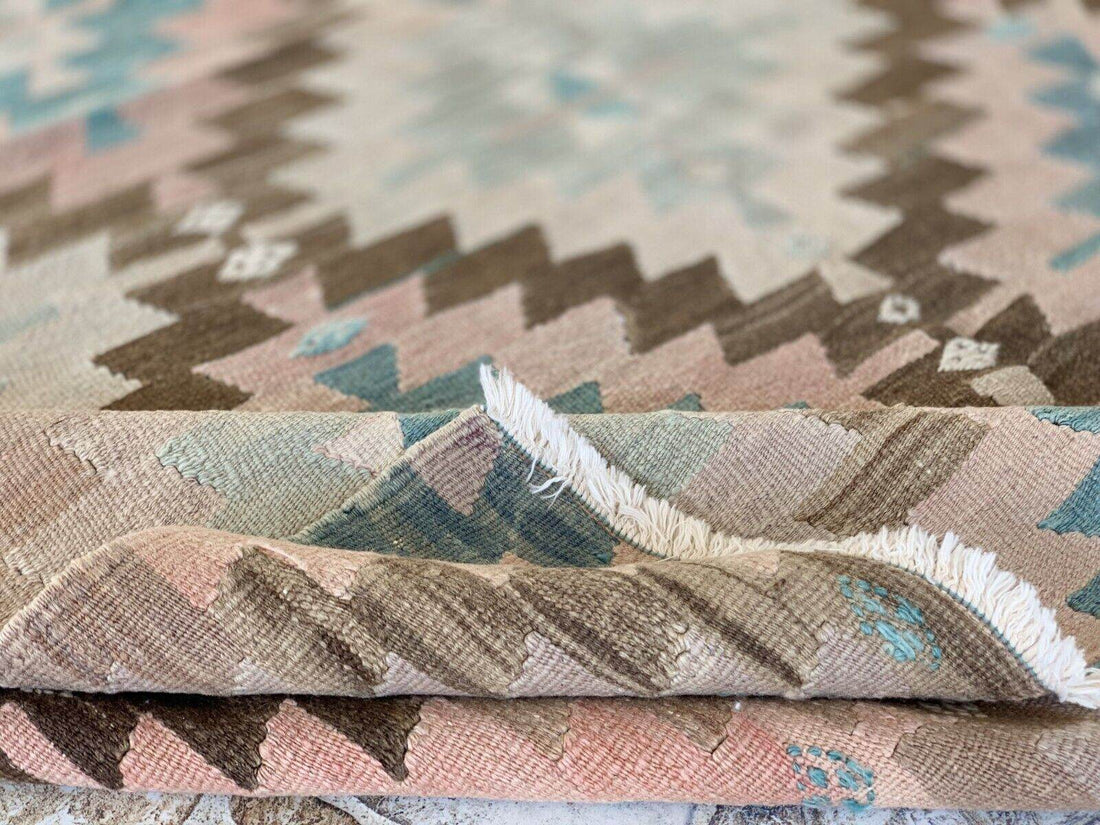 Anatolian Kilim Vintage Geometric Turkish Tribal Oushak Wool Area Rug 5.1x6.2 ft