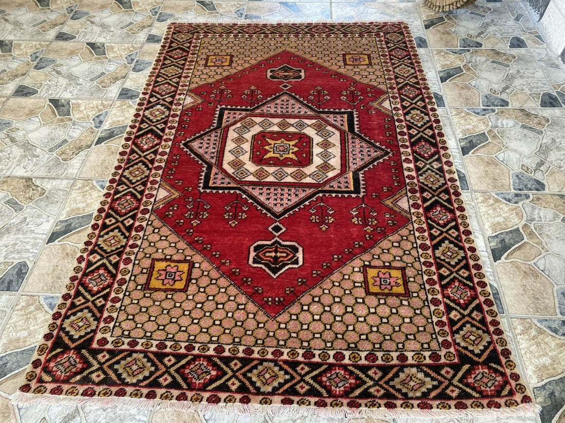 Vintage Rug | Wool Area Antique Farmhouse Anatolian Handmade Turkish Rug 4x6ft