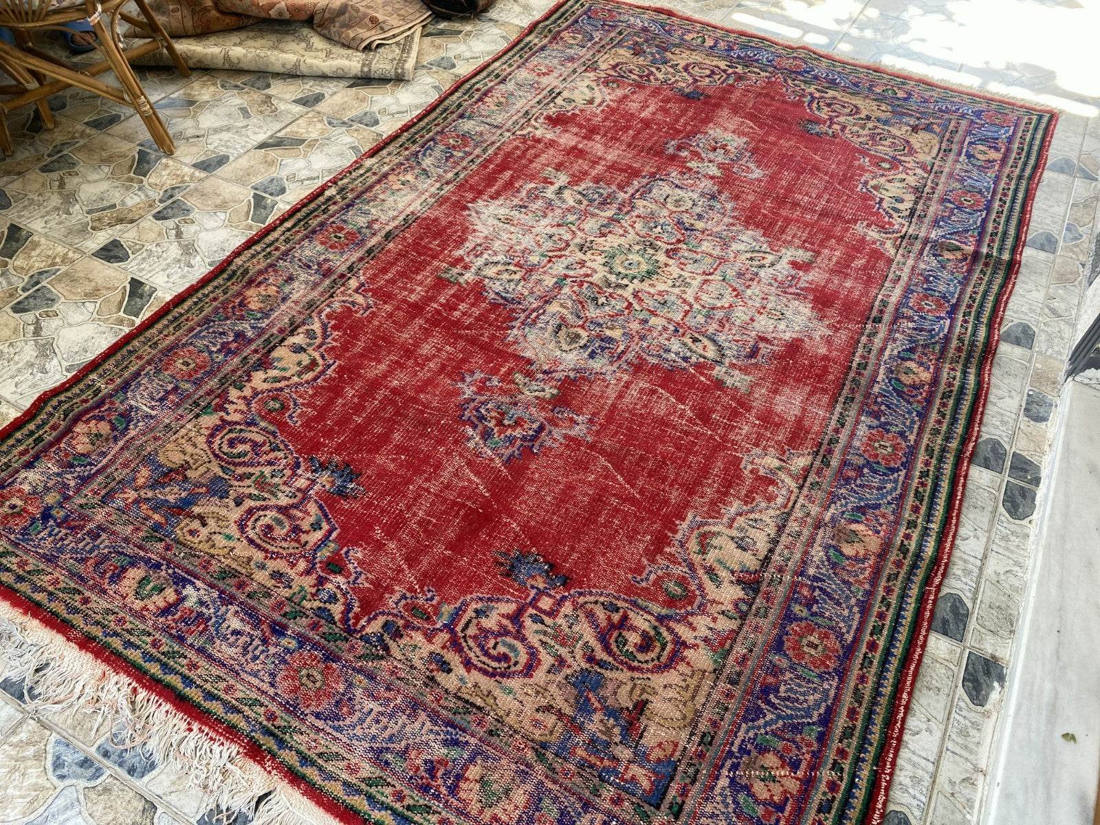 Vintage Anatolian Area Rug | 6.1 x 9.8 ft Hand-Knotted Wool Faded Rustic Carpet