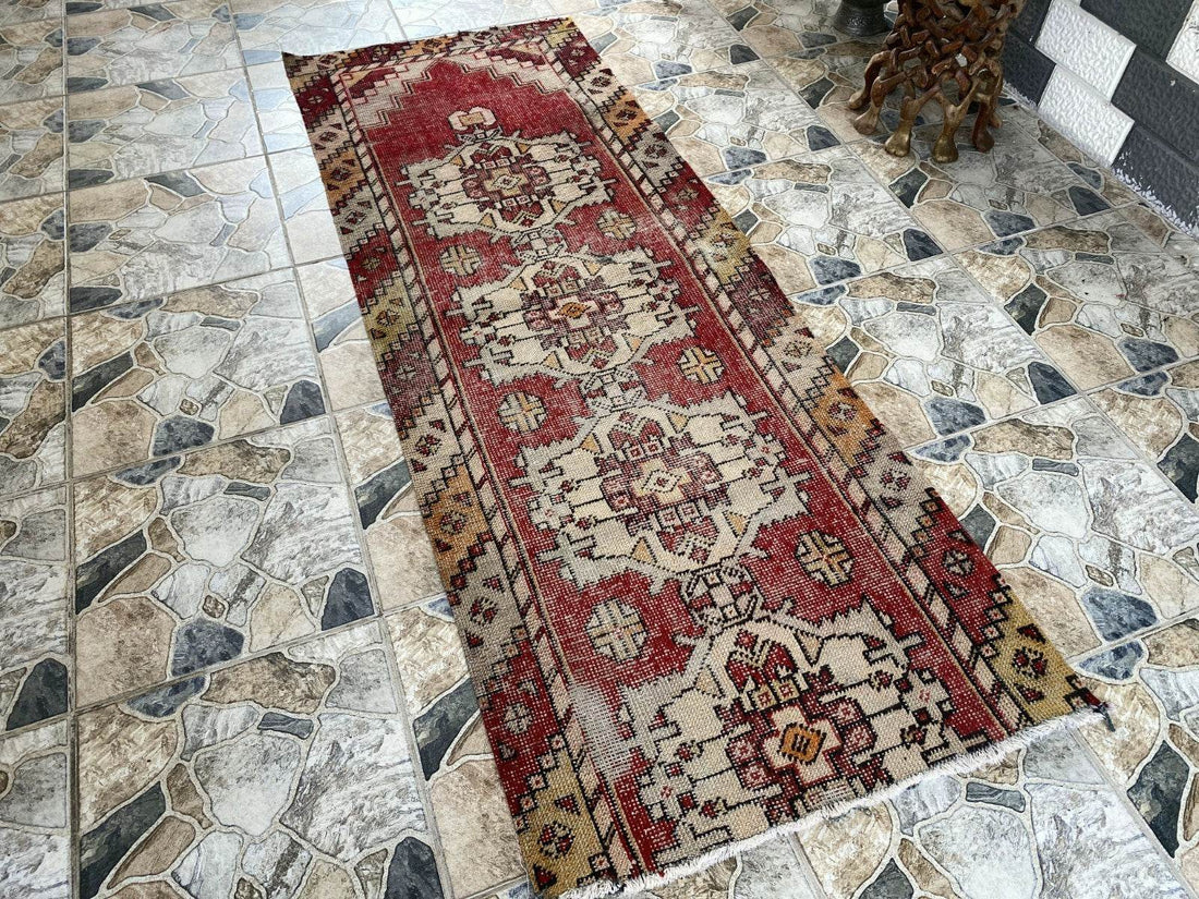 Vintage Rug | Wool Runner Antique Farmhouse Anatolian Handmade Turkish Rug 2x7ft