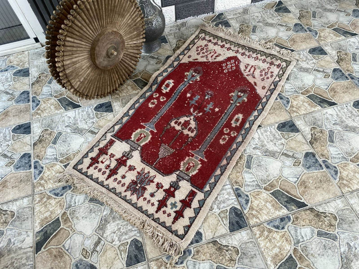 Vintage Turkish Small Prayer Rug | 2.26 x 4.10 ft | 1970s Hand-Knotted Wool Rug