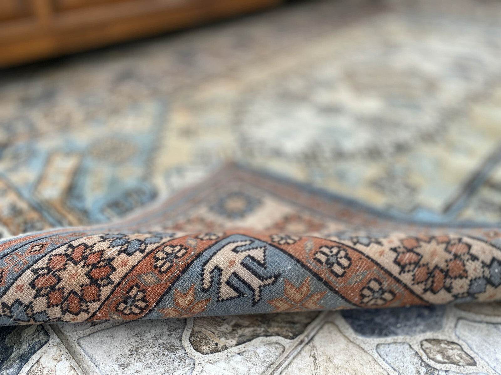 Vintage 1990s Turkish Oushak Rug | Geometric Handwoven Wool Carpet 3'5'' x 6'3''