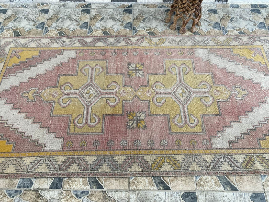 Vintage Turkish Oushak Rug, 4 x 8 ft Handmade Pink Wool Antique Tribal Area Rug