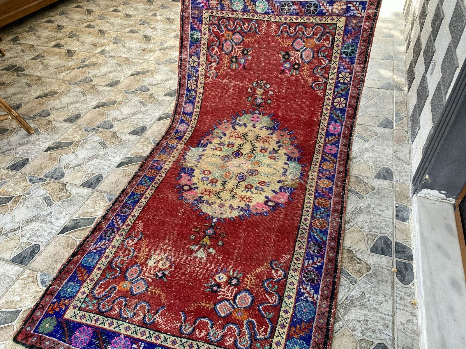 Geometric Turkish Vintage Rug, Tribal Handmade Anatolian Village Rug 3.3x6.8 ft