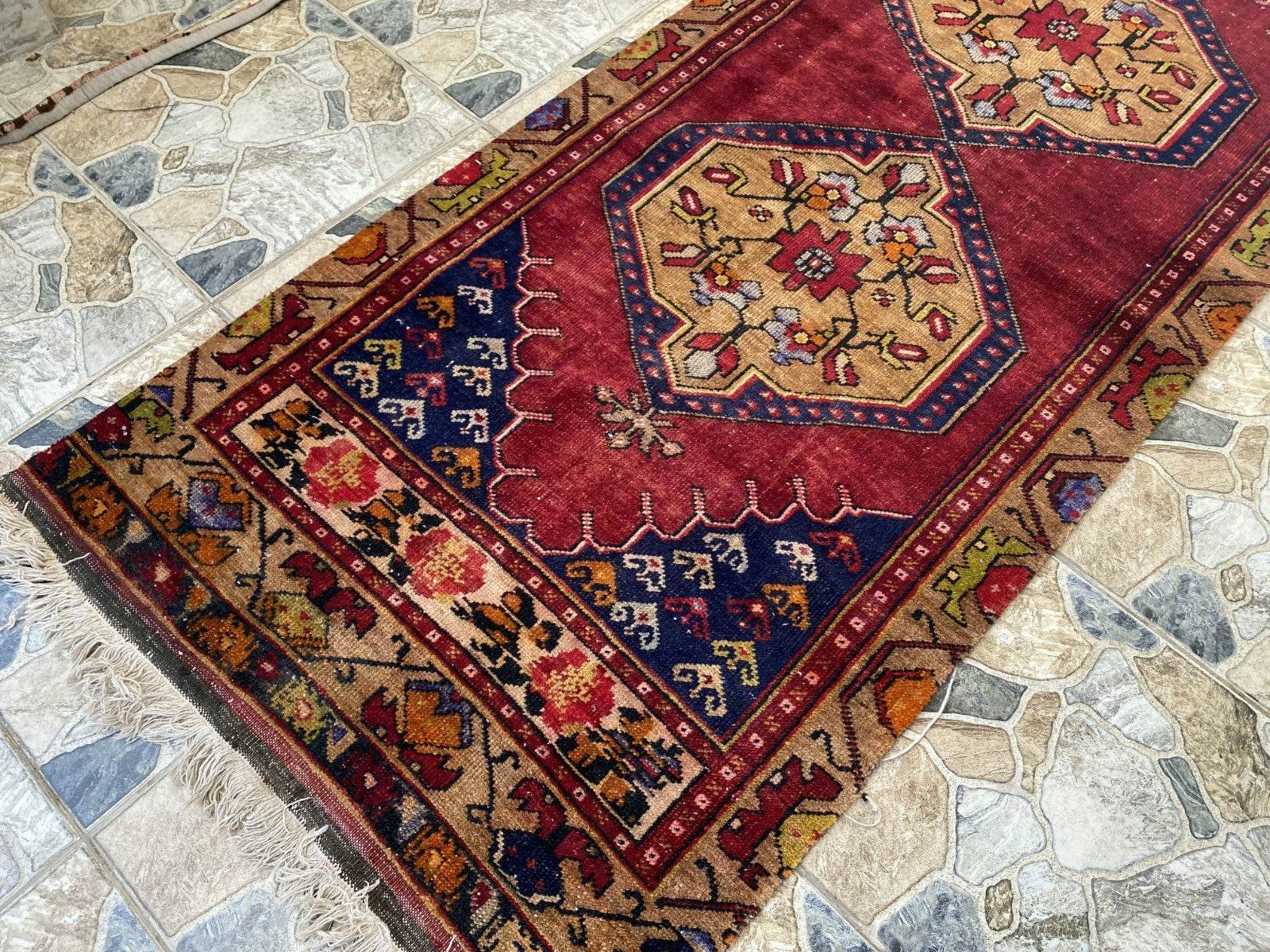 Vintage Anatolian Area Rug | 2.9x7.7 ft Handwoven Wool Antique Farmhouse Carpet