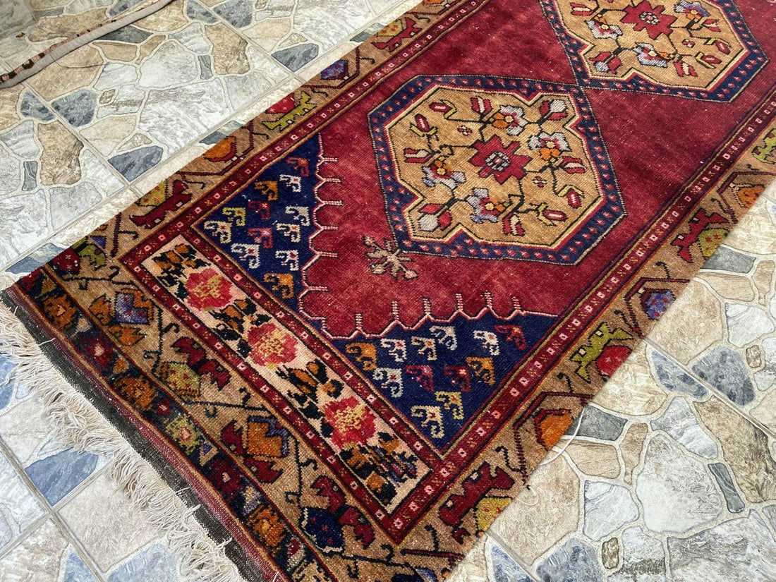 Vintage Anatolian Area Rug | 2.9x7.7 ft Handwoven Wool Antique Farmhouse Carpet