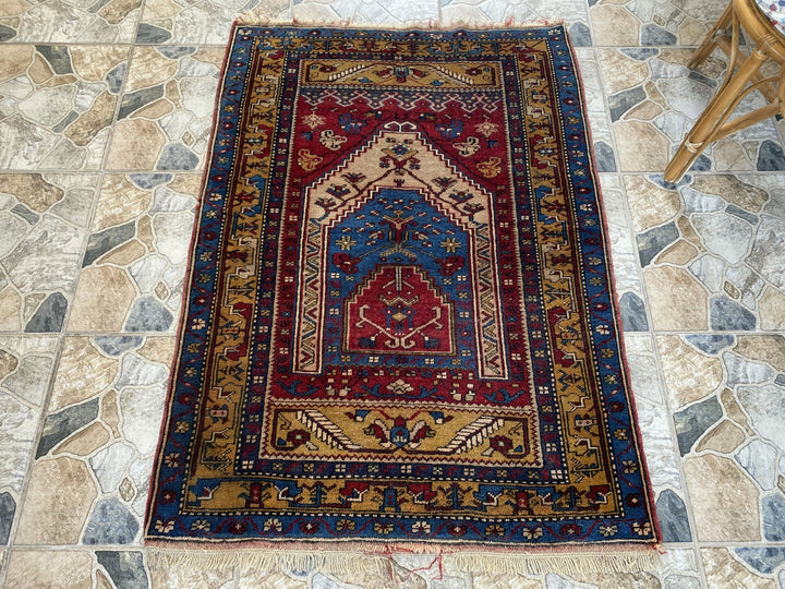 Vintage Hand-Knotted Turkish Area Rug | 3.4 x 4.7 ft | Classic Red Medallion Rug