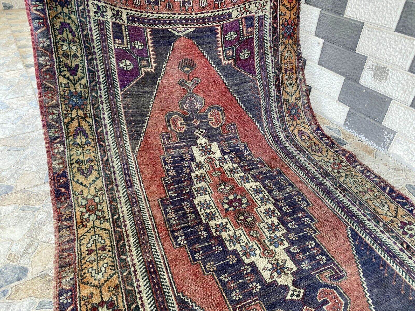 Vintage Turkish Wool Rug, Hand-Knotted Antique Geometric Oushak Area Rug 4x8 ft