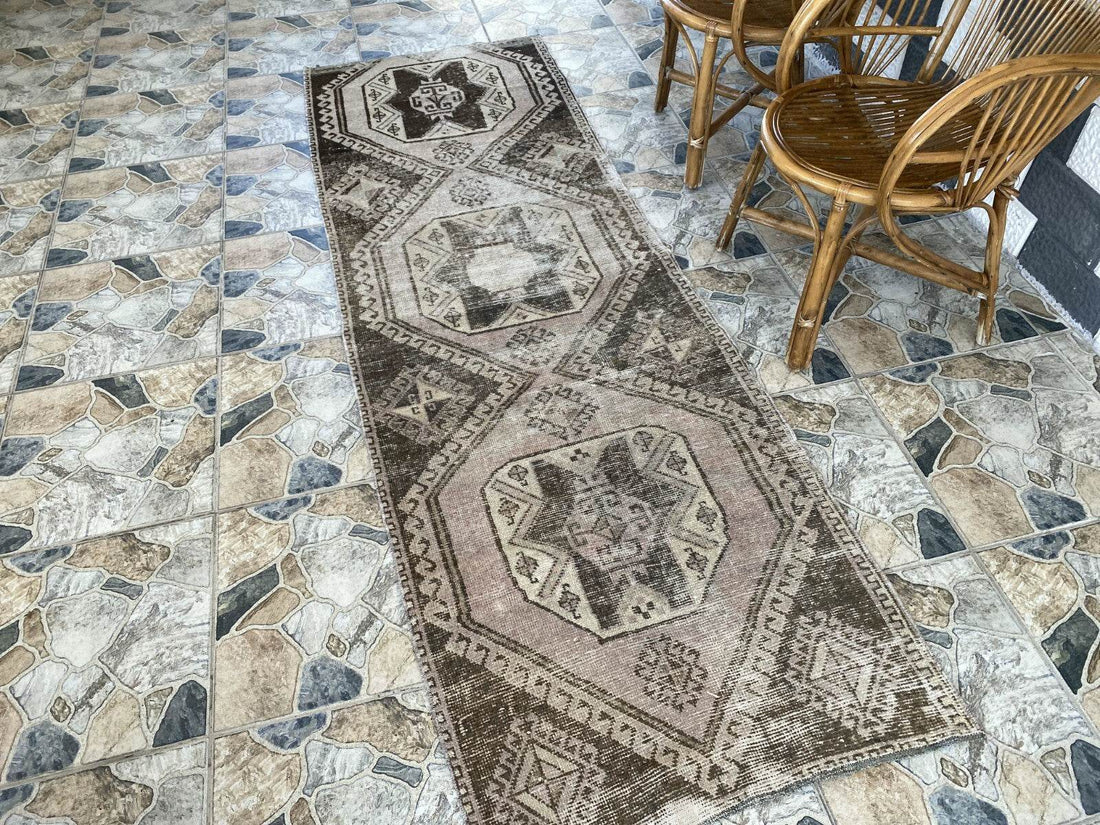 Vintage Handmade Turkish Runner Rug, 2.6x8.5 ft Brown Tribal Wool Hallway Carpet