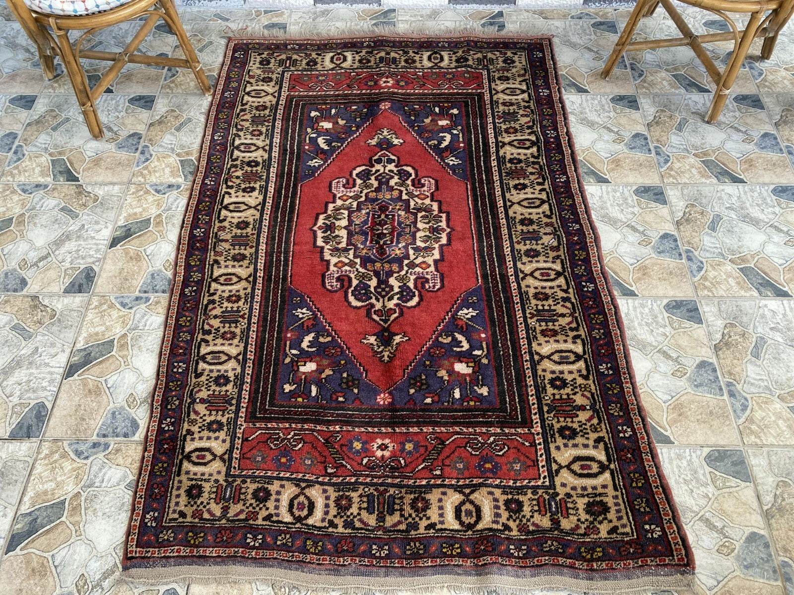Vintage Turkish Rug | 4.3 x 6.5 ft | Handmade Geometric Anatolian Wool Area Rug