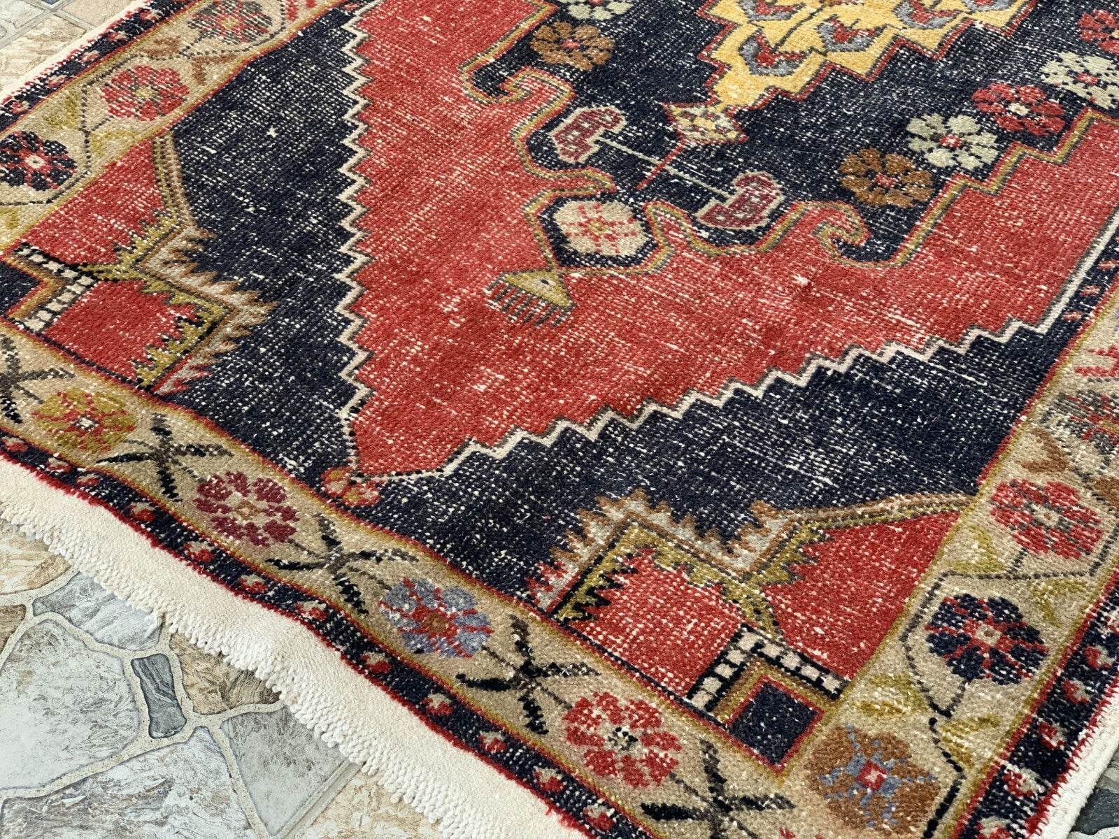 Vintage Oushak Geometric Rug, Handmade Turkish Anatolian Wool Carpet 4.2x8.6