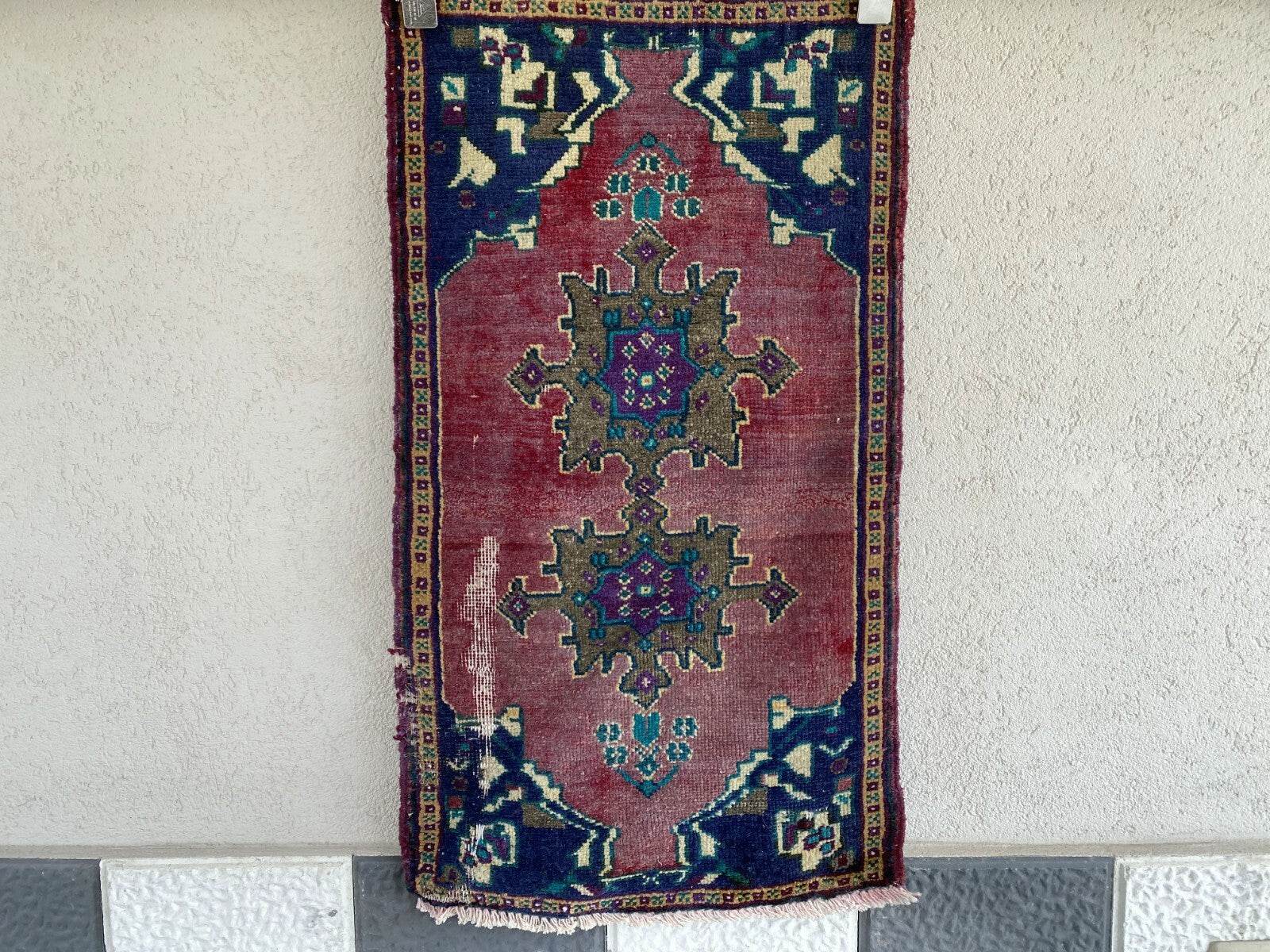 Vintage Turkish Oushak Rug, 1x3 ft Terracotta Handmade Wool Antique Tribal Small