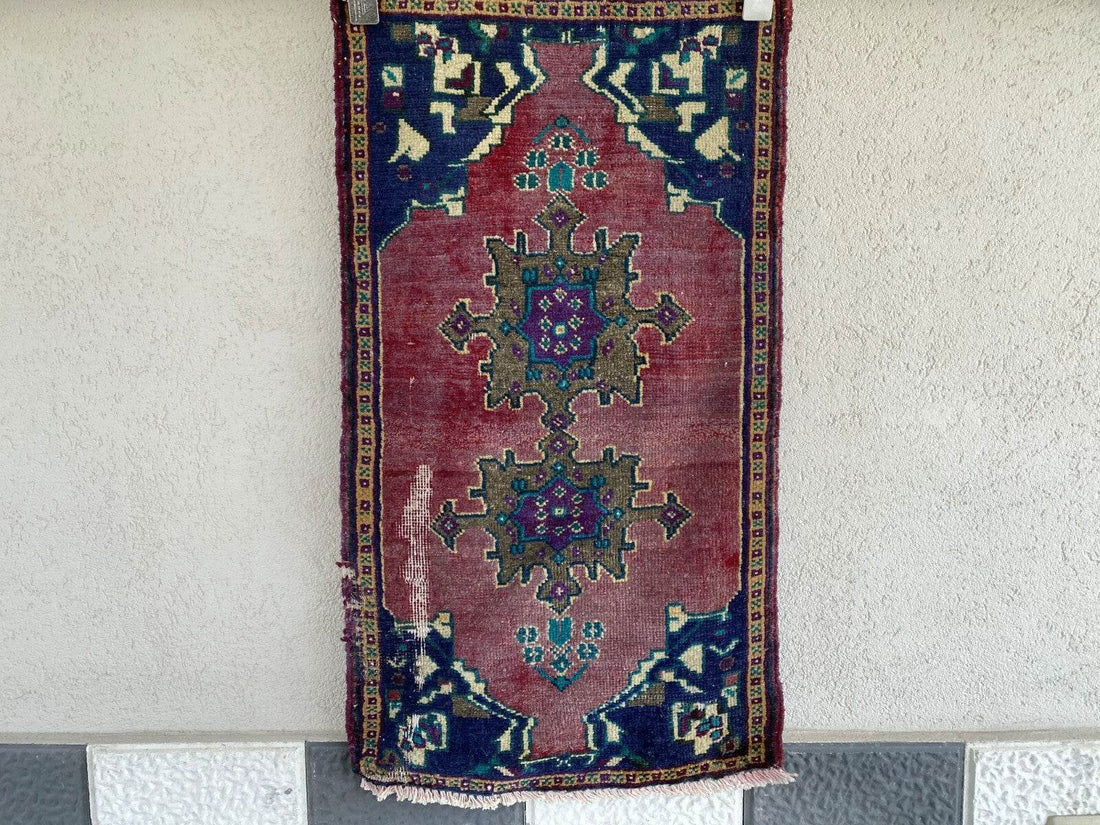 Vintage Turkish Oushak Rug, 1x3 ft Terracotta Handmade Wool Antique Tribal Small