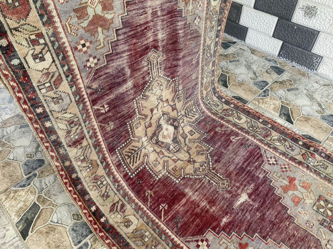 Turkish Vintage Rug Oushak Wool Geometric Handmade Antique Farmhouse 3.8x8 ft