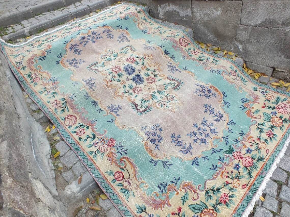 Large Turkish Vintage Oushak Rug, Farmhouse Handmade Wool Geometric 6.4x9.6 Ft