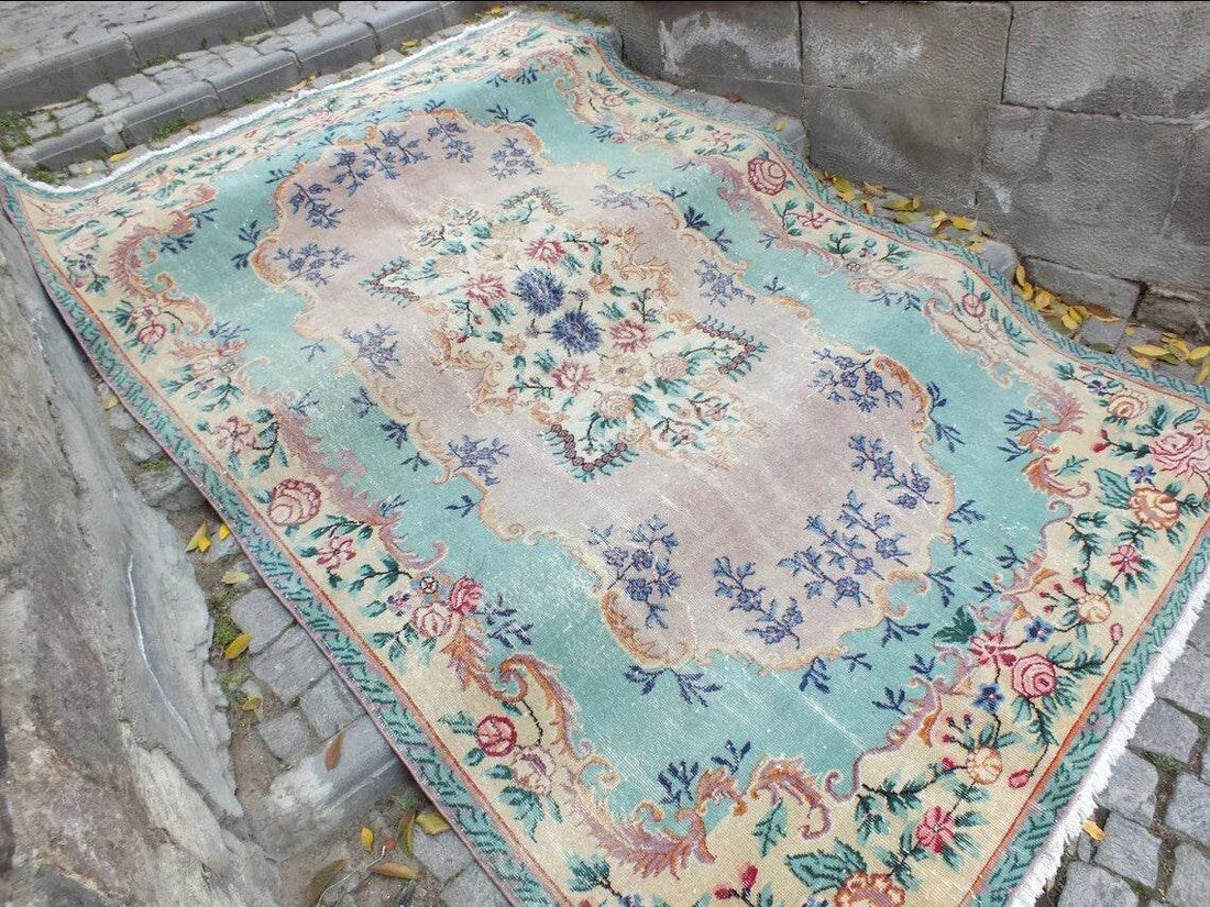 Large Turkish Vintage Oushak Rug, Farmhouse Handmade Wool Geometric 6.4x9.6 Ft