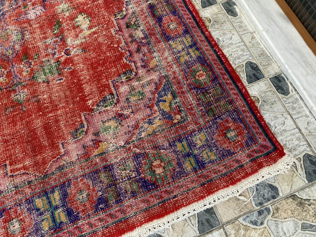 Vintage Hand-Knotted Wool Rug | 6.0 x 9.8 ft Anatolian Area Carpet Faded Tribal