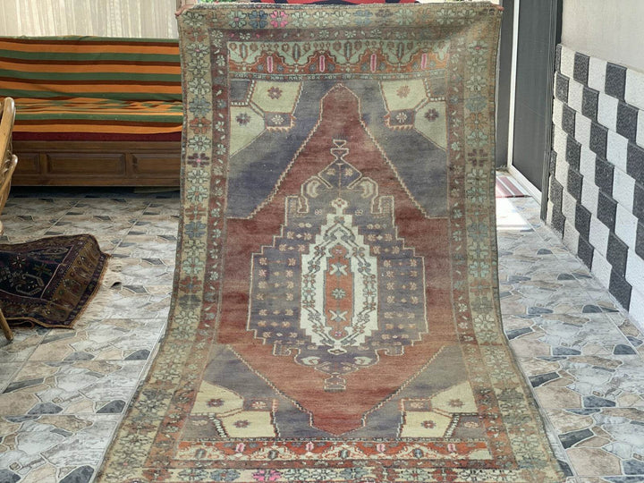 Vintage Rug, Turkish Oushak Handmade Wool Geometric Oriental Farmhouse 4.3x8.8ft