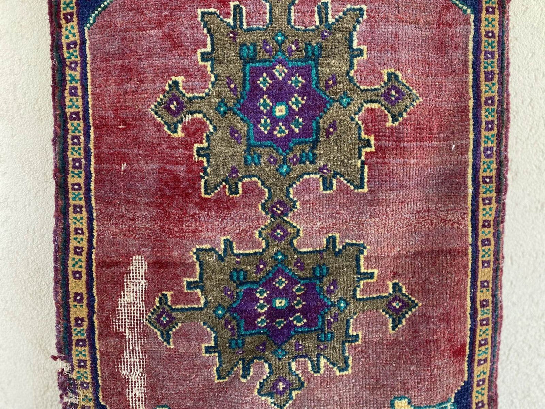 Vintage Turkish Oushak Rug, 1x3 ft Terracotta Handmade Wool Antique Tribal Small