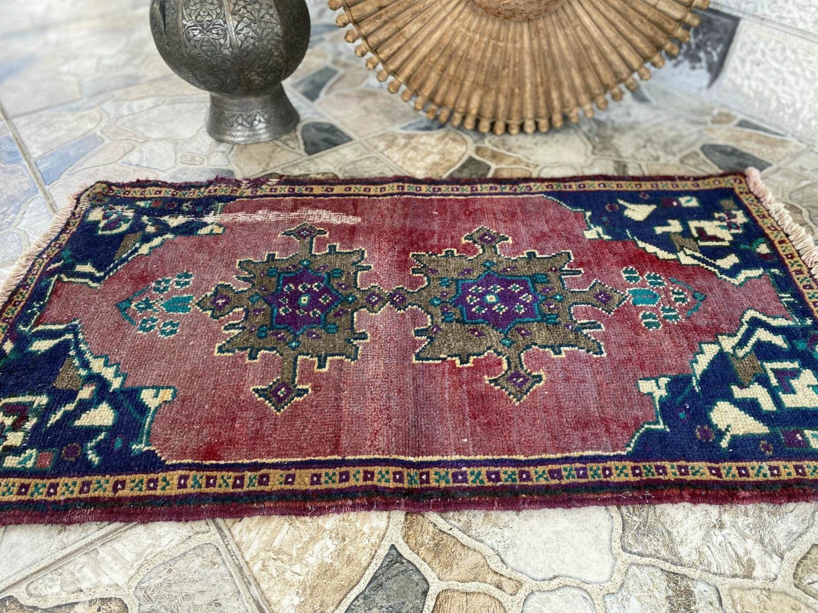 Vintage Turkish Oushak Rug, 1x3 ft Terracotta Handmade Wool Antique Tribal Small