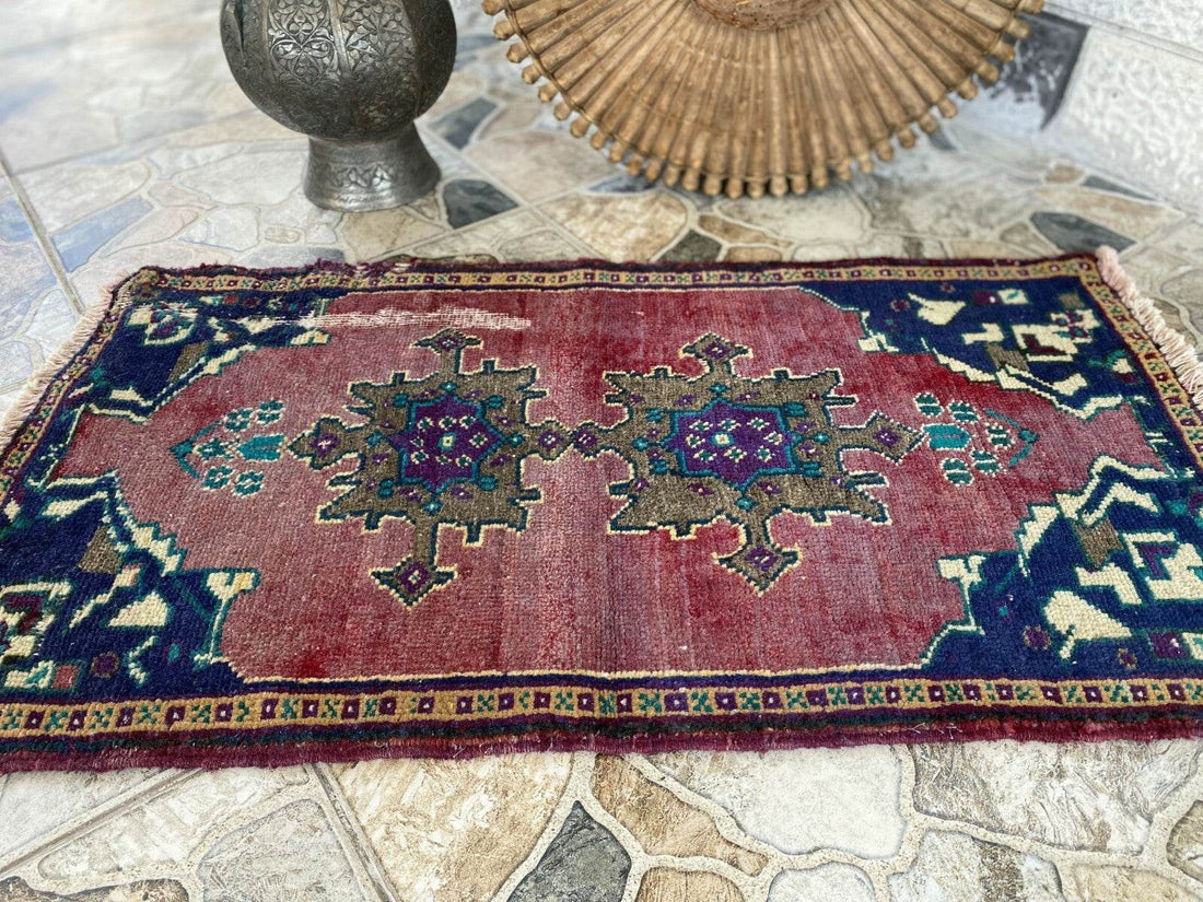 Vintage Turkish Oushak Rug, 1x3 ft Terracotta Handmade Wool Antique Tribal Small