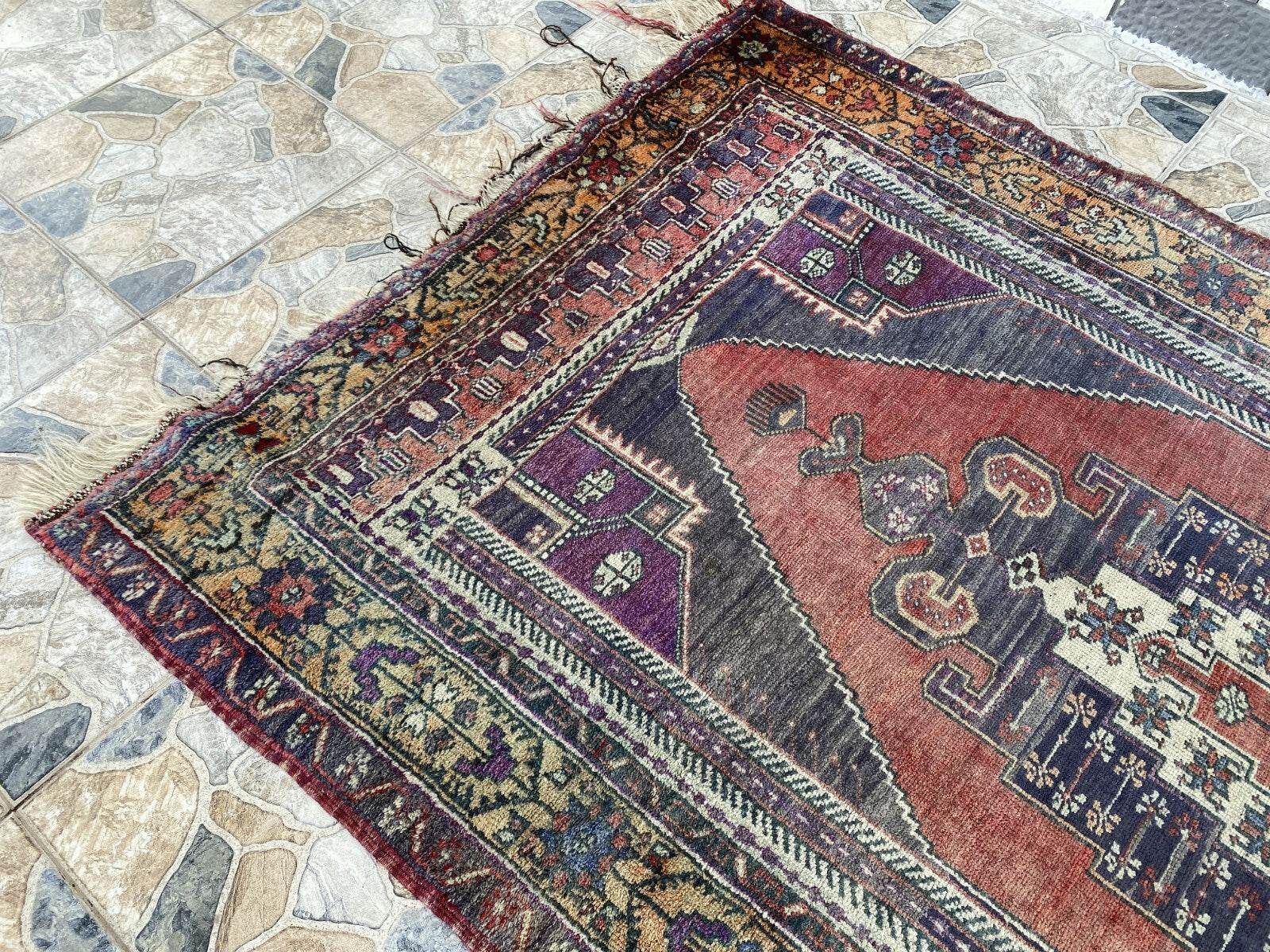 Vintage Turkish Wool Rug, Hand-Knotted Antique Geometric Oushak Area Rug 4x8 ft