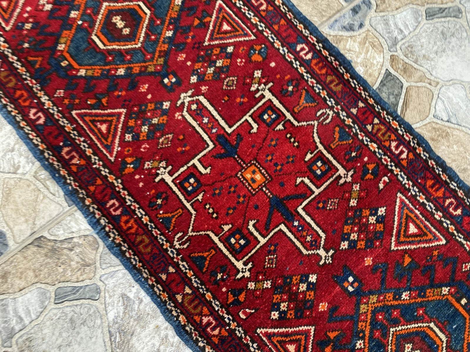 Vintage Persian Style Runner Rug | 1.8 x 6.6 ft Hand-Knotted Wool | Red & Blue Tribal