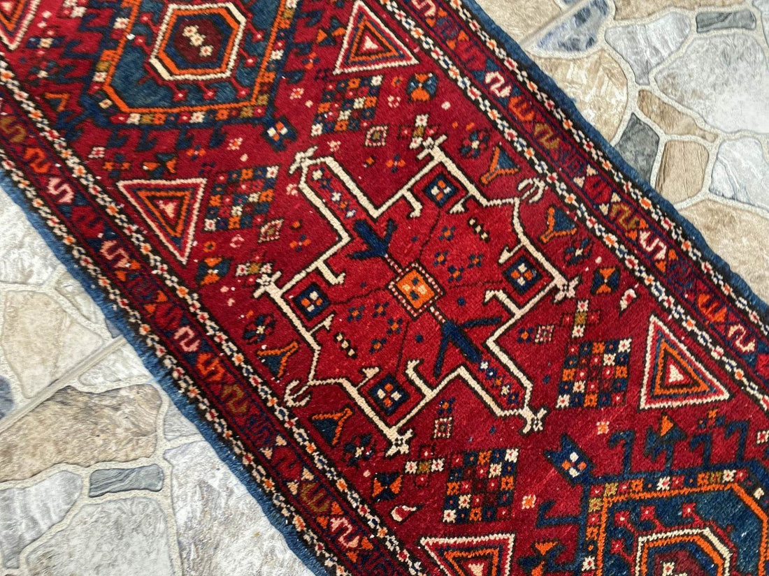 Vintage Persian Style Runner Rug | 1.8 x 6.6 ft Hand-Knotted Wool | Red & Blue Tribal