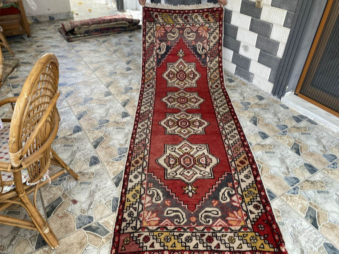 Vintage Turkish Rug | Tribal Handmade Wool Farmhouse Antique Runner 3.2ftx9.2 ft