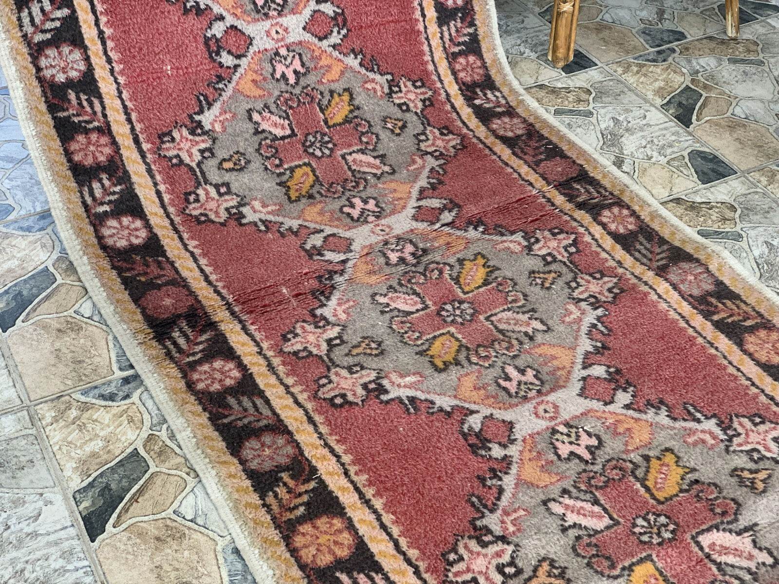 Vintage Turkish Rug | Tribal Handmade Wool Farmhouse Antique Carpet 3.2x 9.1 ft