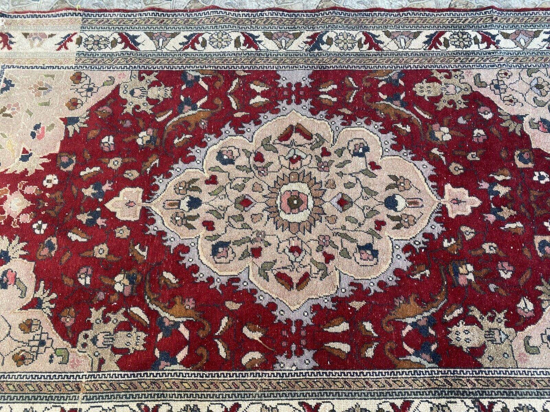 Vintage Turkish Wool Rug, Antique Red Hand-Knotted Oushak Anatolian 1970s 4x6