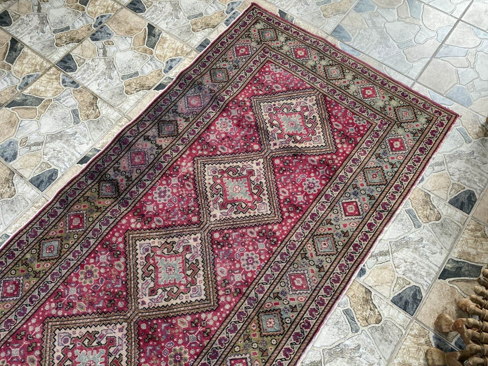 Vintage Turkish Rug 3.5 x 7.9 ft – Hand-Knotted Wool Rug, Area Anatolian Carpet