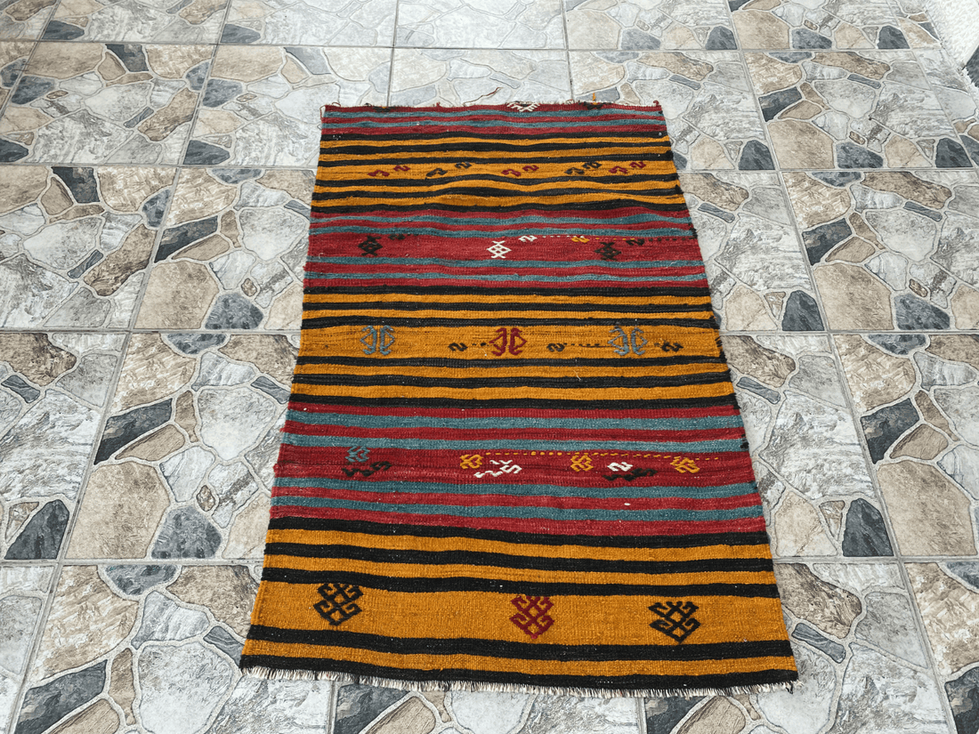 Vintage Turkish Kilim Rug | Handmade Tribal Wool Rug | Small 2x4 ft | Farmhouse