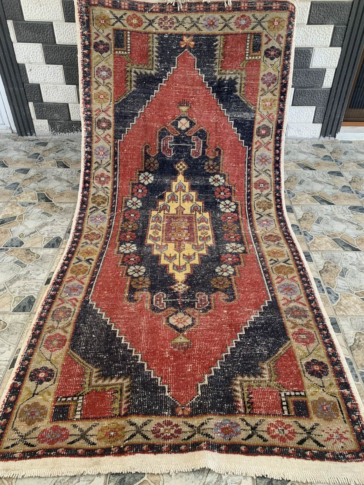 Vintage Oushak Geometric Rug, Handmade Turkish Anatolian Wool Carpet 4.2x8.6