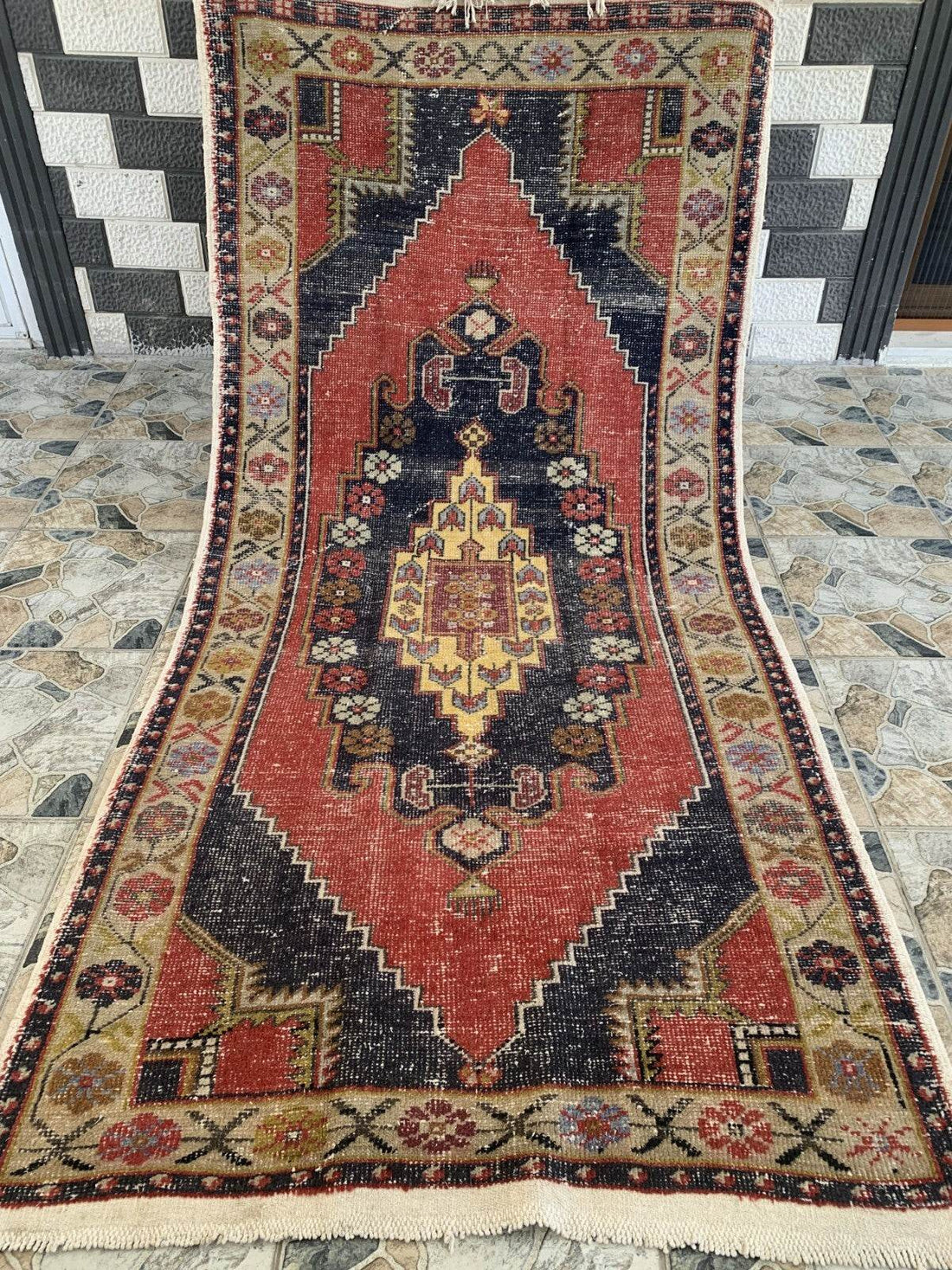Vintage Oushak Geometric Rug, Handmade Turkish Anatolian Wool Carpet 4.2x8.6