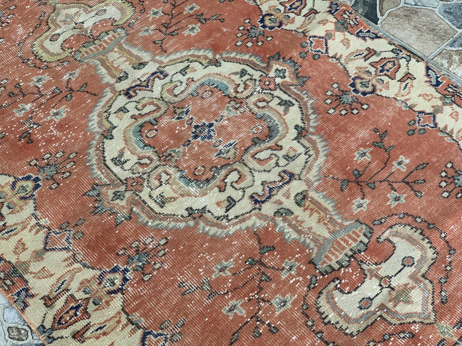 Vintage Rug, Turkish Oushak Wool Handmade Farmhouse Geometric Area Rug 3.6x6.8ft