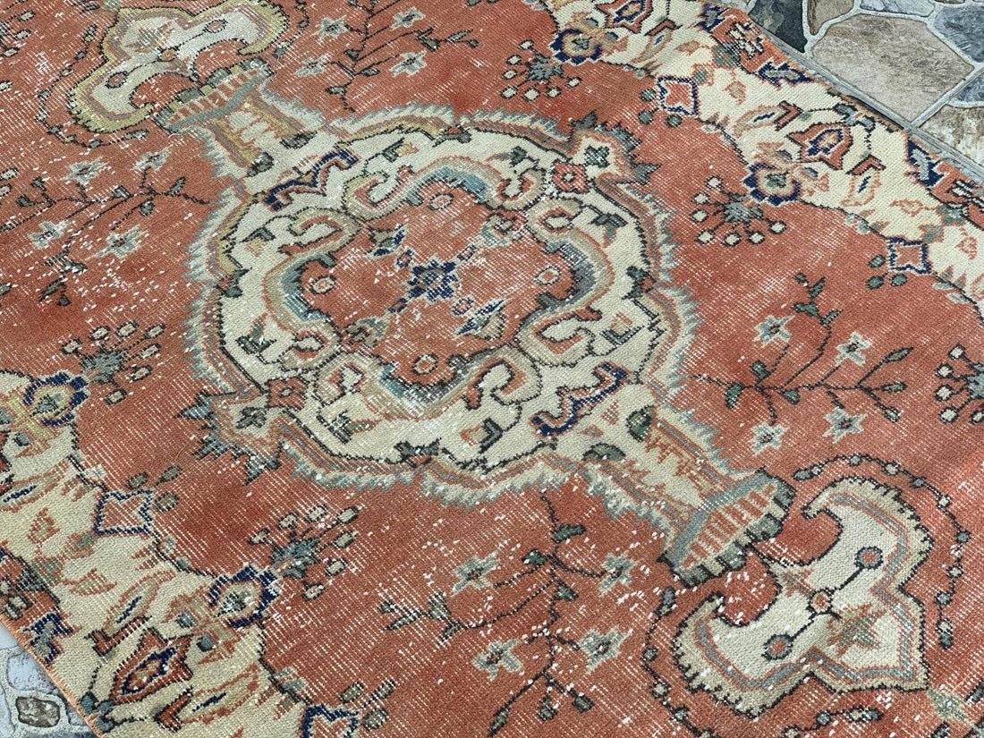 Vintage Rug, Turkish Oushak Wool Handmade Farmhouse Geometric Area Rug 3.6x6.8ft