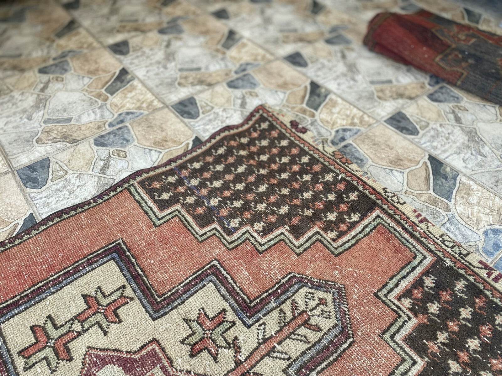 Geometric Turkish Vintage Rug,Farmhouse Vintage Anatolian Village Rug 3.6x7.8 ft