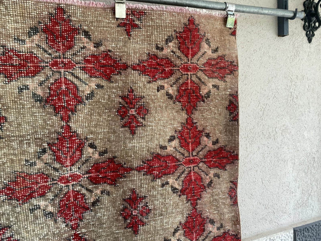 Vintage Turkish Area Rug 4x7 ft | Hand-Knotted Wool Carpet Bold Geometric Tribal