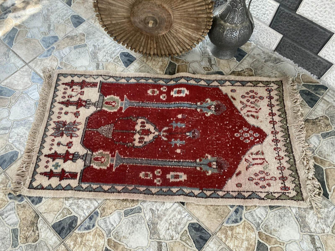 Vintage Turkish Small Prayer Rug | 2.26 x 4.10 ft | 1970s Hand-Knotted Wool Rug
