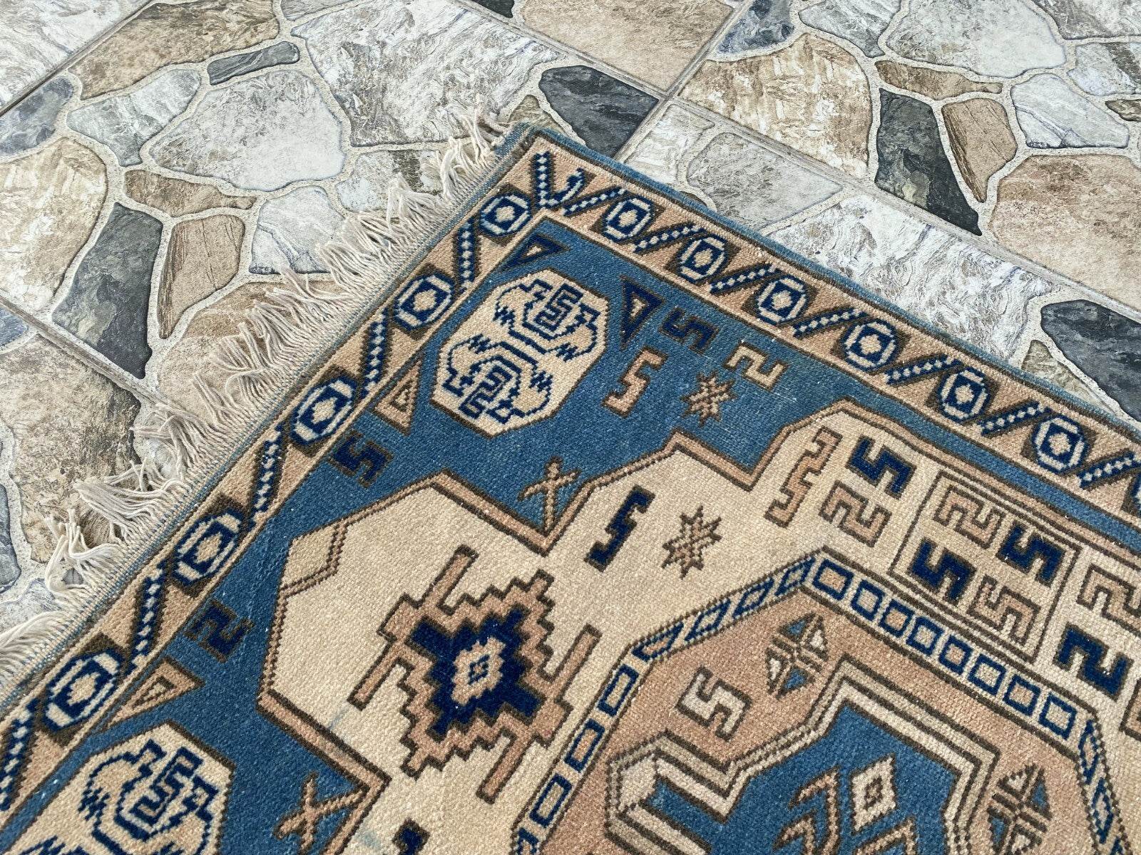 Vintage Turkish Wool Rug, Hand-Knotted Antique Geometric Oushak Small Runner 2x4