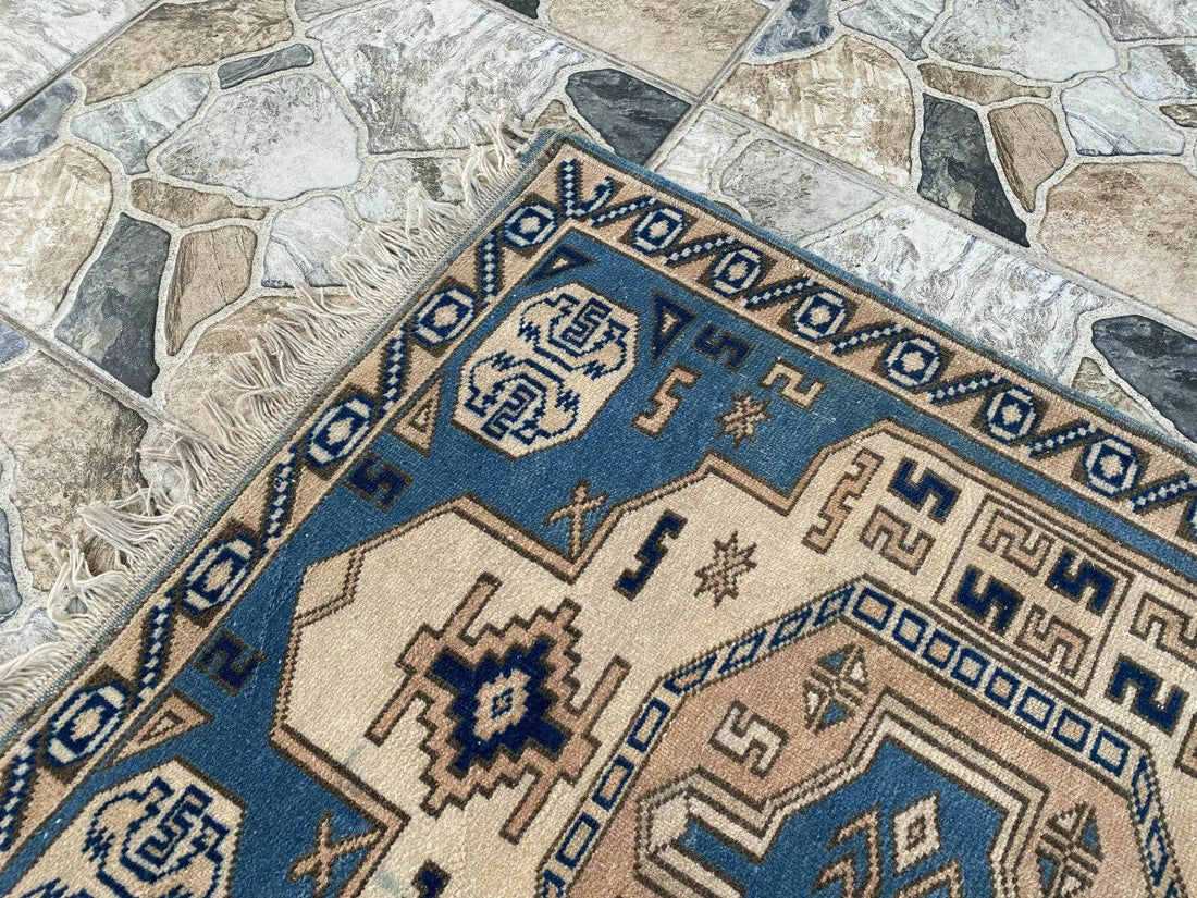 Vintage Turkish Wool Rug, Hand-Knotted Antique Geometric Oushak Small Runner 2x4