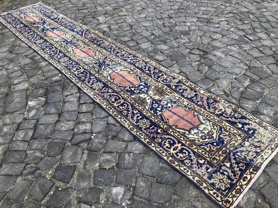 Vintage Turkish Oushak Rug | 3x11.7 ft| Antique Blue Wool Handmade Runner Carpet