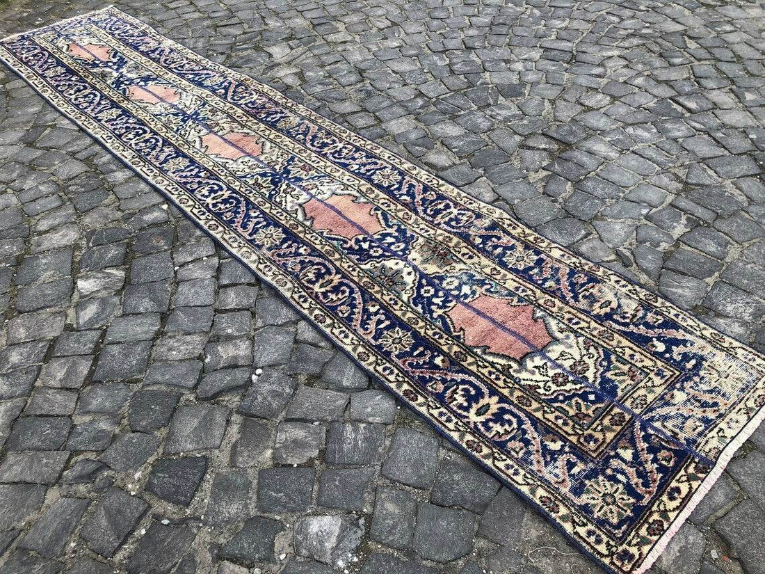 Vintage Turkish Oushak Rug | 3x11.7 ft| Antique Blue Wool Handmade Runner Carpet