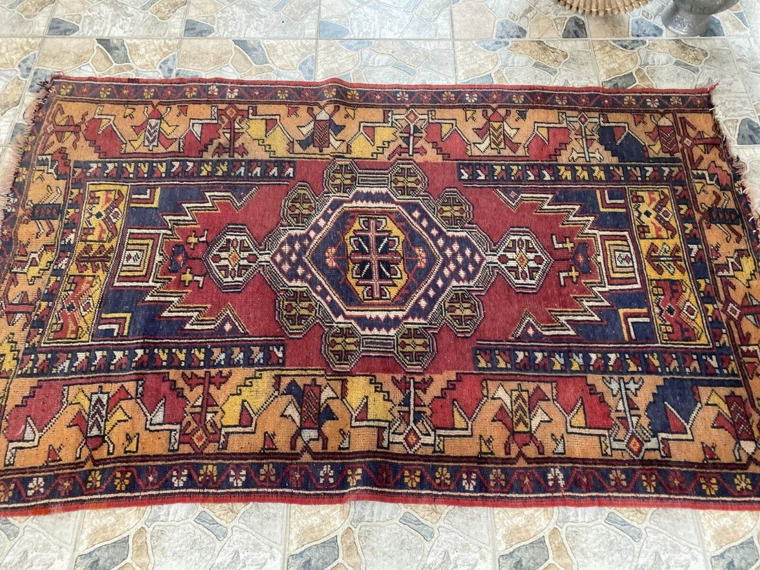 Vintage Turkish Anatolian Rug | 4 x 6.6 ft | Handknotted Geometric Wool Carpet