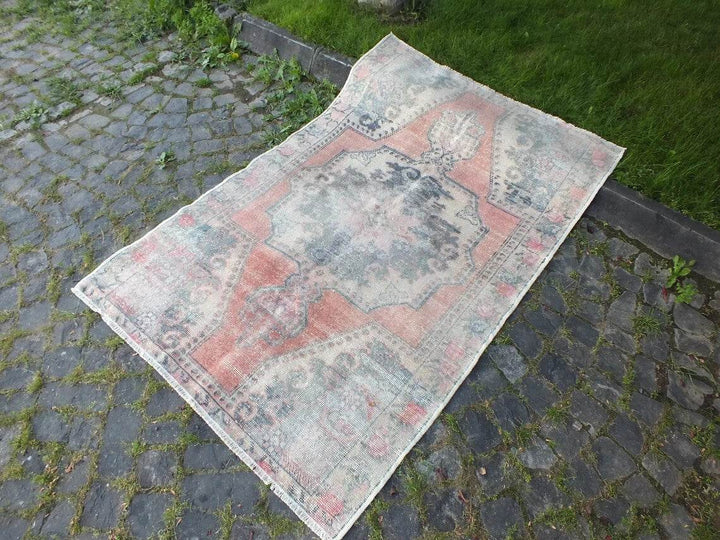 VINTAGE WOOL RUG AREA HANDMADE TURKISH ORIENTAL OUSHAK FARMHOUSE Geometric