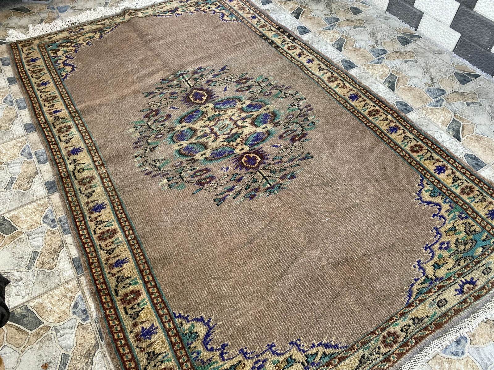 Vintage Turkish Rug | 5.4 x 8.7 ft Hand-Knotted Wool Faded Pastel Anatolian Rug
